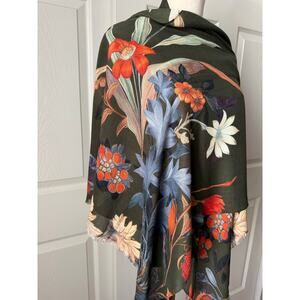 Chico’s Dark Green Floral Tropical Scarf Wrap Lightweight Shawl 24” x 72” Cruise